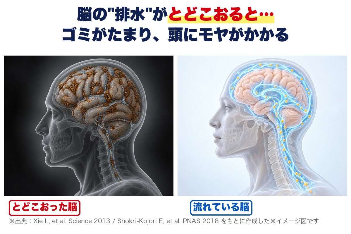 排水がとどこおった脳と流れている脳の比較イメージ図