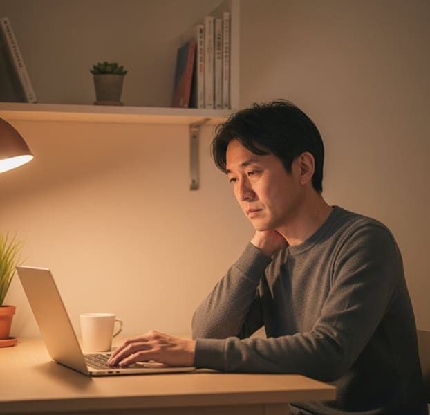 夜遅く、頭が回らずパソコンの前で考え込む男性