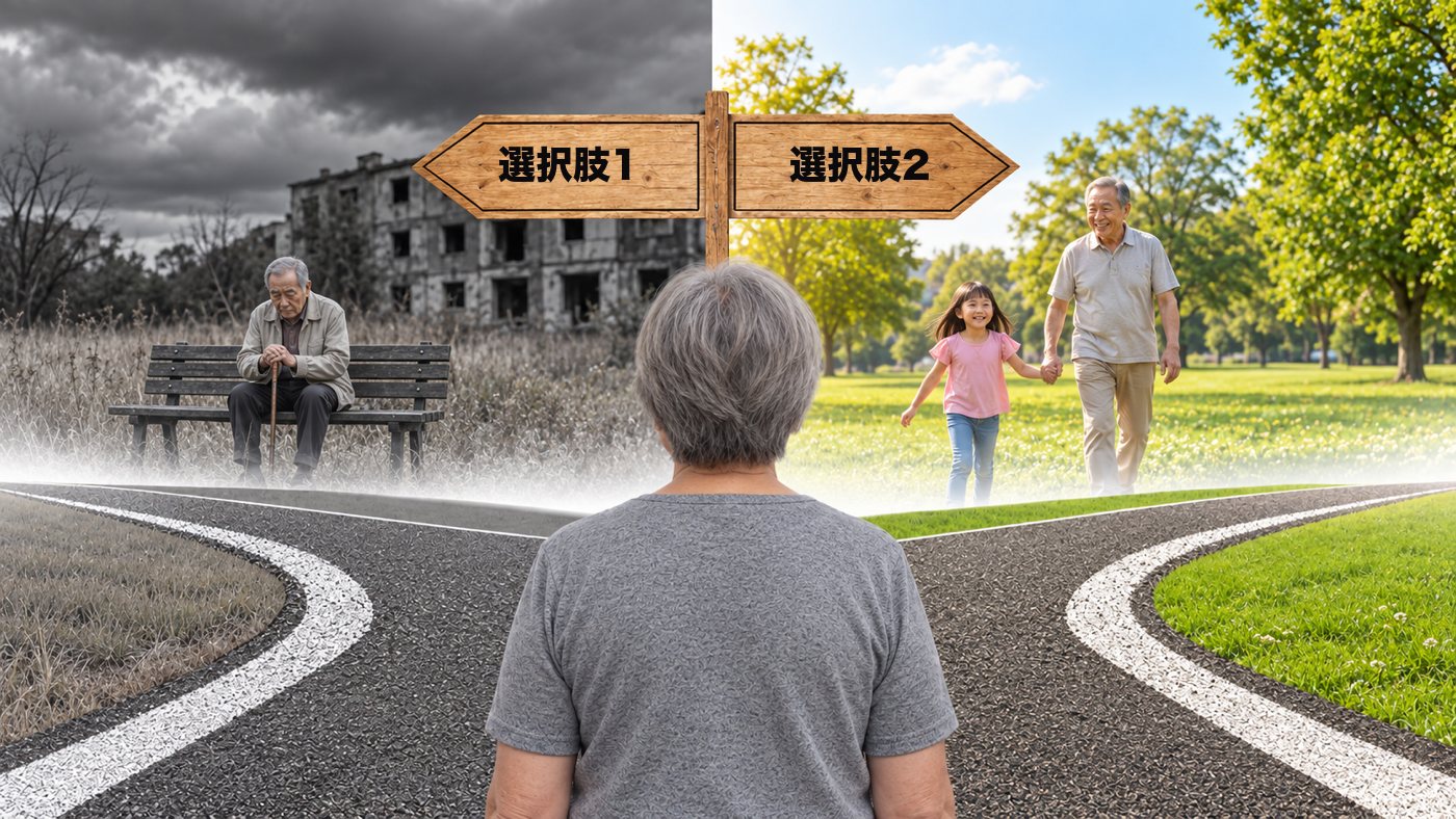 分かれ道に立つ男性：一方は灰色でひとりきり、もう一方は色があり、孫と歩いている