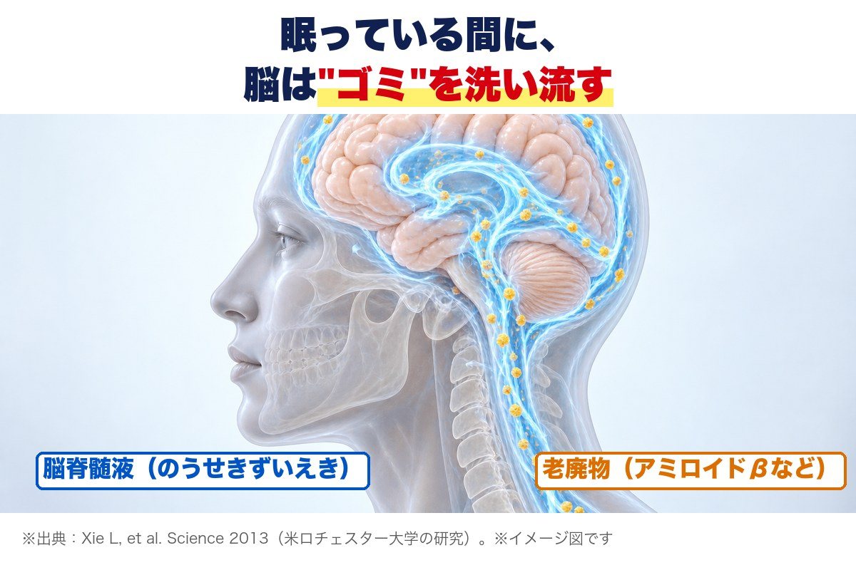 眠っている間に脳脊髄液が脳のゴミを洗い流す図解