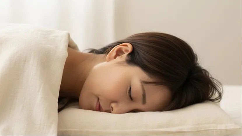 ふつうの枕で首が沈み込んだまま眠る女性