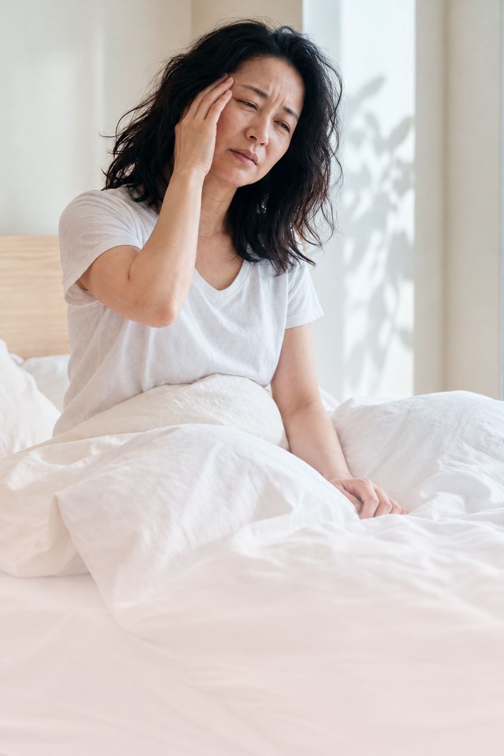 朝、頭がぼんやりしてこめかみを押さえる女性
